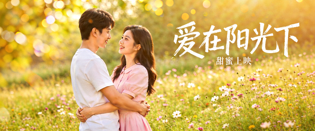 温馨爱情喜剧海报 - 阳光下拥抱的恋人